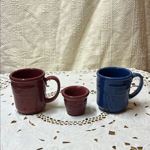 Longaberger Classic Blue and Red Ceramic Mug Set of Two, PLUS a votive holder.